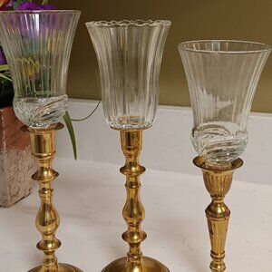 3 Vintage Elegant Brass & Blown Glass Candle Holders